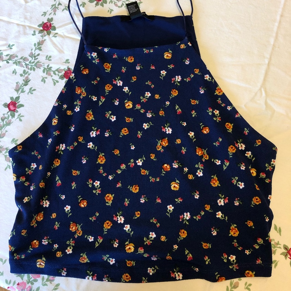 cropped navy floral halter top